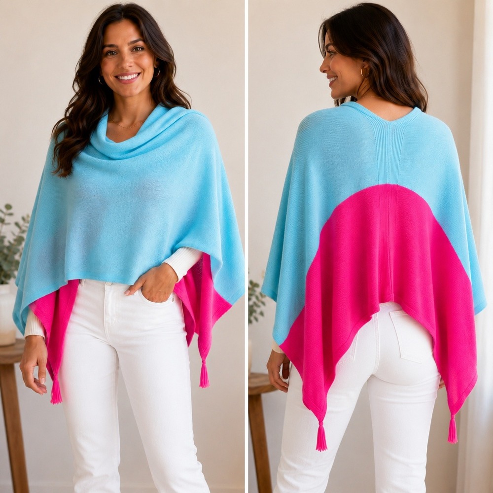 Lilly‎ Pulitzer Light Blue Hot Pink Colorblock Tassel Poncho Sweater One Size